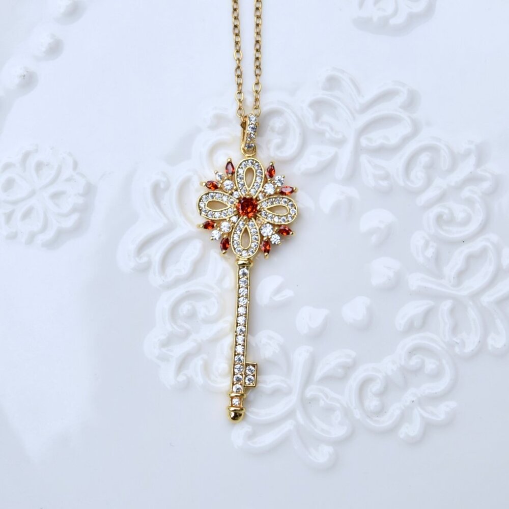 Golden Crystals Flora Key Charm Necklace